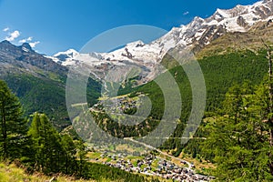 Panoramic summer view of Saas-Fee holiday village and surrounding mountains from Saas-Grund, Valais, Switzerland