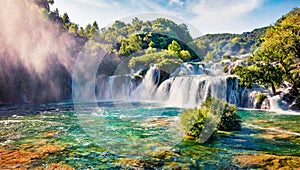 Panoramic summer view of Skradinski Buk waterfall. Fantastic morning scene of Krka National Park, Lozovac village location,