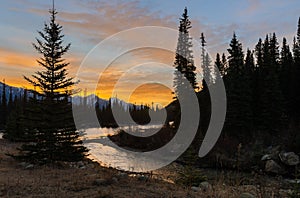 Panoramic sunrise scenery of Bow River and Castle Mountains at Banff National Park in Alberta, Canada