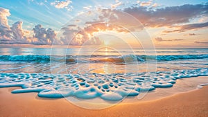Panoramic sunrise seascape with morning sky, white foam waves
