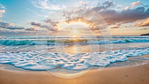 Panoramic sunrise seascape with morning sky, white foam waves