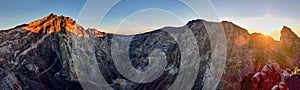 Panoramic Sunrise view at the top of Mountain Agung, the stratovolcano from the Crater Rim before eruption, Bali, Indonesia