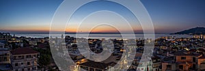 Panoramic before sunrise view of Zakynthos island town by Ionian sea in Greece