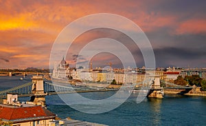 Panoramic sunset view with Chain bridge of Budapest parliament building capital of Hungary