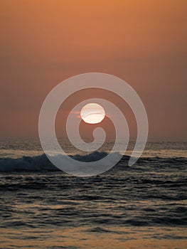 Panoramic sunset view of Huanchaco beach waves at pacific ocean sea sand Trujillo La Libertad Peru South America