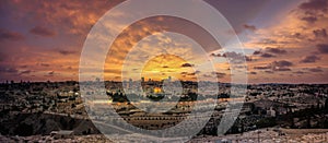 Panoramic sunset view of Jerusalem Old City and Temple Mount from the Mount of Olives