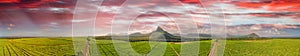 Panoramic sunset view of Mt Rempart and surrounding meadows, Mauritius