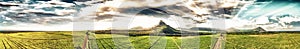 Panoramic sunset view of Mt Rempart and surrounding meadows, Mauritius