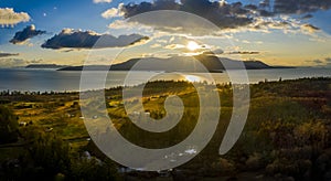 Panoramic Sunset View of Orcas Island, Washington.