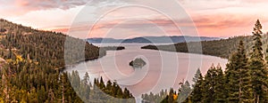 Panoramic sunset view over Fannette Island at Emerald Bay in Lake Tahoe