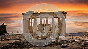 Panoramic sunset view of the Parthenon Temple at the Acropolis of Athens