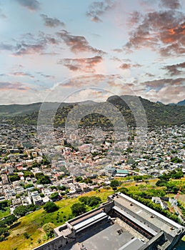 Panoramic sunset view of Port Louis skyline from city fortress, Mauritius