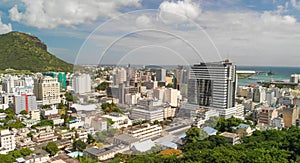 Panoramic sunset view of Port Louis skyline from city fortress, Mauritius