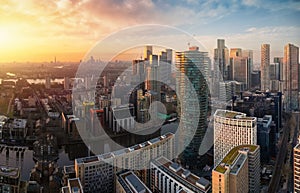 Panoramic sunset view of the skyscrapers at Canary Wharf London