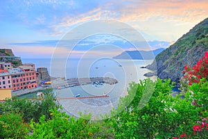 Panoramic sunset view to Vernazza village