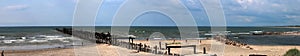 Panoramic Sventoji Beach Pier Ruin Large Rocks Blue Sky