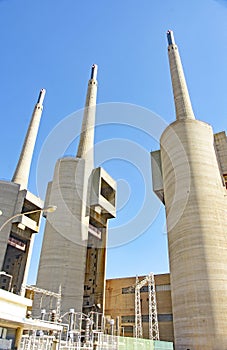 Panoramic of the three chimneys in Sant Adria del Besos, Barcelona