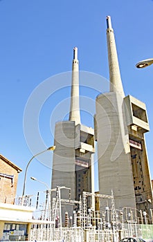 Panoramic of the three chimneys in Sant Adria del Besos, Barcelona