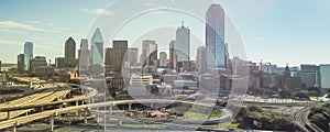 Panoramic top view Dallas expressway viaduct and modern downtown skylines