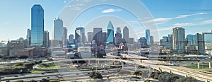 Panoramic top view Dallas expressway viaduct and modern downtown skylines