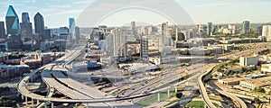 Panoramic top view Dallas expressway viaduct and modern downtown skylines