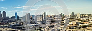 Panoramic top view Dallas expressway viaduct and modern downtown skylines