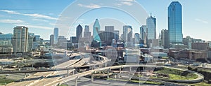 Panoramic top view Dallas expressway viaduct and modern downtown skylines