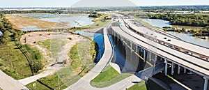 Panoramic top view elevated highway with pillar through flood zone