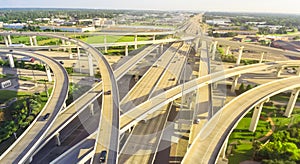 Panoramic top view five-level stack expressway viaduct in Houston, Texas, USA