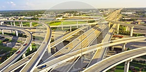 Panoramic top view five-level stack expressway viaduct in Houston, Texas, USA