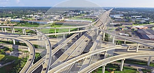 Panoramic top view five-level stack expressway viaduct in Houston, Texas, USA