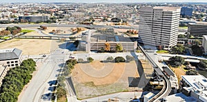 Panoramic top view light rail system and skylines in downtown La