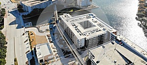 Panoramic top view light rail system and skylines in downtown La