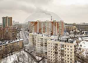 Panoramic top view of the new residential areas of Moscow on a steam winter day