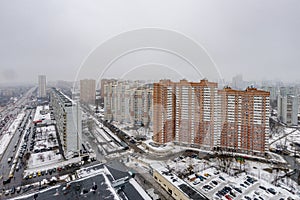Panoramic top view of the new residential areas of Moscow on a steam winter day