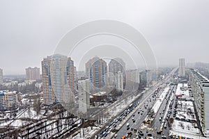 Panoramic top view of the new residential areas of Moscow on a steam winter day