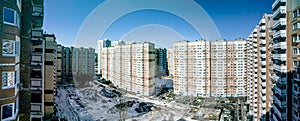 Panoramic top view of the new residential areas of Moscow on a sunny day