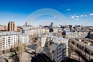 Panoramic top view of the new residential areas of Moscow on a sunny day