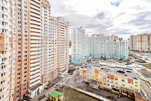 Panoramic top view of the new residential areas of Moscow on a sunny day