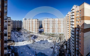 Panoramic top view of the new residential areas of Moscow on a sunny day