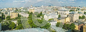 Panoramic top view of the new residential areas of Moscow on a sunny day