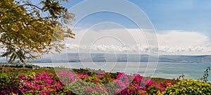 Panoramic top view of the sea of Galilee from the Mount of Beatitudes, Israel photo