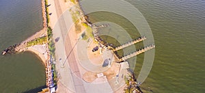 Panoramic top view Texas City with wooden fishing piers