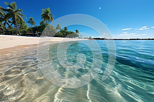 Panoramic tropical beach, golden sand, palm trees, turquoise sea, blue sky