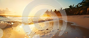 Panoramic tropical beach with palm trees at sunset. beautiful water breeze glowing in the sun. Generative AI