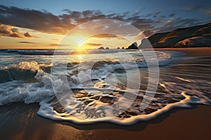 Panoramic tropical beach and seascape with orange and golden sunset sky, soft sand, calmness, tranquil relaxing sunlight, summer