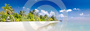 Panoramic tropical landscape, beach shore with palm trees and relaxing lagoon bay. Exotic nature tranquility, sunny blue sky