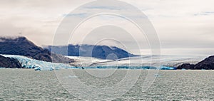 Panoramic of the Upsala Glacier in Argentina. Lake Argentino in Glaciers National Park