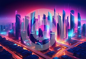 Panoramic urban architecture, cityscape with space and neon light effects