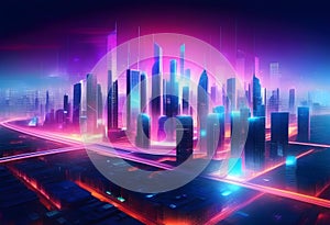 Panoramic urban architecture, cityscape with space and neon light effects